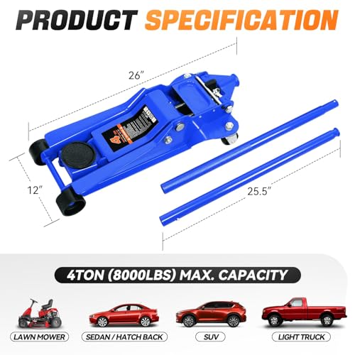 4 Ton Low Profile Floor Jack, Heavy Duty Steel Hydraulic with Dual Pistons Quick Lift Pump P3195