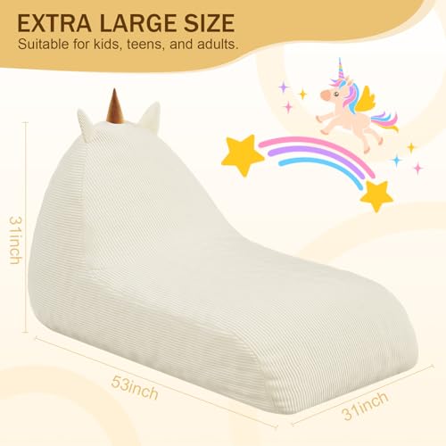 Unicorn Bean Bag Chair for Kids with Filler, Corduroy Floor Lounger, Pink W9694