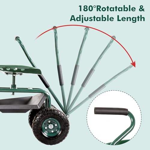 Garden Cart with Rolling Work Seat Tool Tray and Storage Basket on Wheels O137
