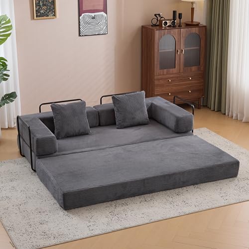 Corduroy Convertible Sleeper Sofa Bed with Pillow, Beige O72530