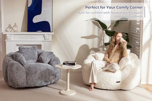 Floral Shaped Bean Bag Sofa for Adults, Faux Fur Floor Chair, Beige U8616
