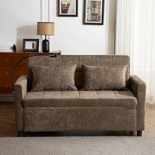 3 in 1 Convertible Sleeper Sofa Bed with USB Ports, Reversible Backrest, Brown C746