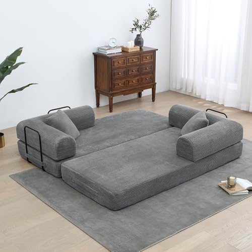 Corduroy Convertible Sleeper Sofa Bed with Pillow, Beige O72530