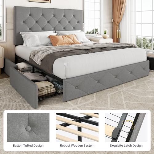 Upholstered Queen Platform Bed Frame with 4 Storage Drawers and Headboard G724955