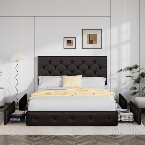 Upholstered Queen Platform Bed Frame with 4 Storage Drawers and Headboard G724955