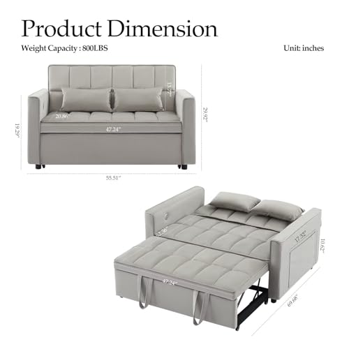 Convertible Sleeper Sofa Couch Bed with USB Port, Adjustable Backrest, Light Grey G549