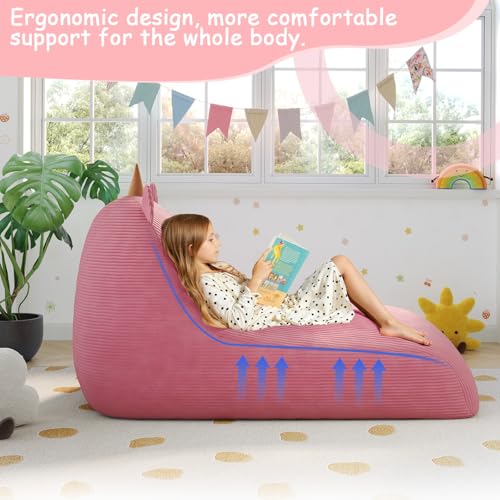 Unicorn Bean Bag Chair for Kids with Filler, Corduroy Floor Lounger, Pink W9694