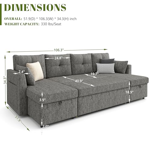 Oversized Sleeper Sofa Couch with Double Storage Chaise, Dark Grey B422253