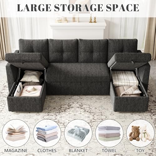 Oversized Sleeper Sofa Couch with Double Storage Chaise, Dark Grey B422253