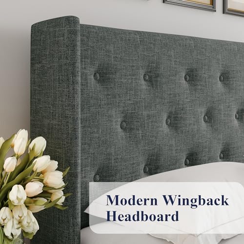 Full Size Lift Up Storage Bed with Wingback Headboard, Hydraulic Support, Light Beige P736605