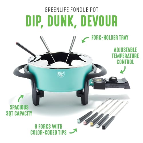 14 Cup Electric Fondue Maker Pot Set for Cheese, Chocolate, and Meat, 8 Color Coded Forks, Ceramic Nonstick, Adjustable Temperature R84705