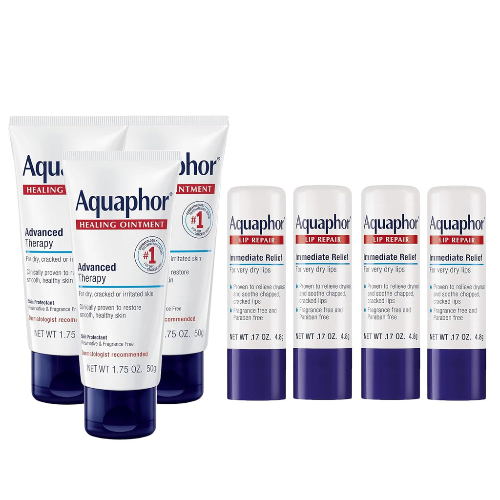 Aquaphor Skin Care Set, Healing Ointment, Body Moisturizer for Dry Skin 1.75 Oz Tube (Pack of 3) Lip Repair Stick Lip Balm Set, Soothes Dry Chapped Lips, 0.17 Oz (Pack of 4)
