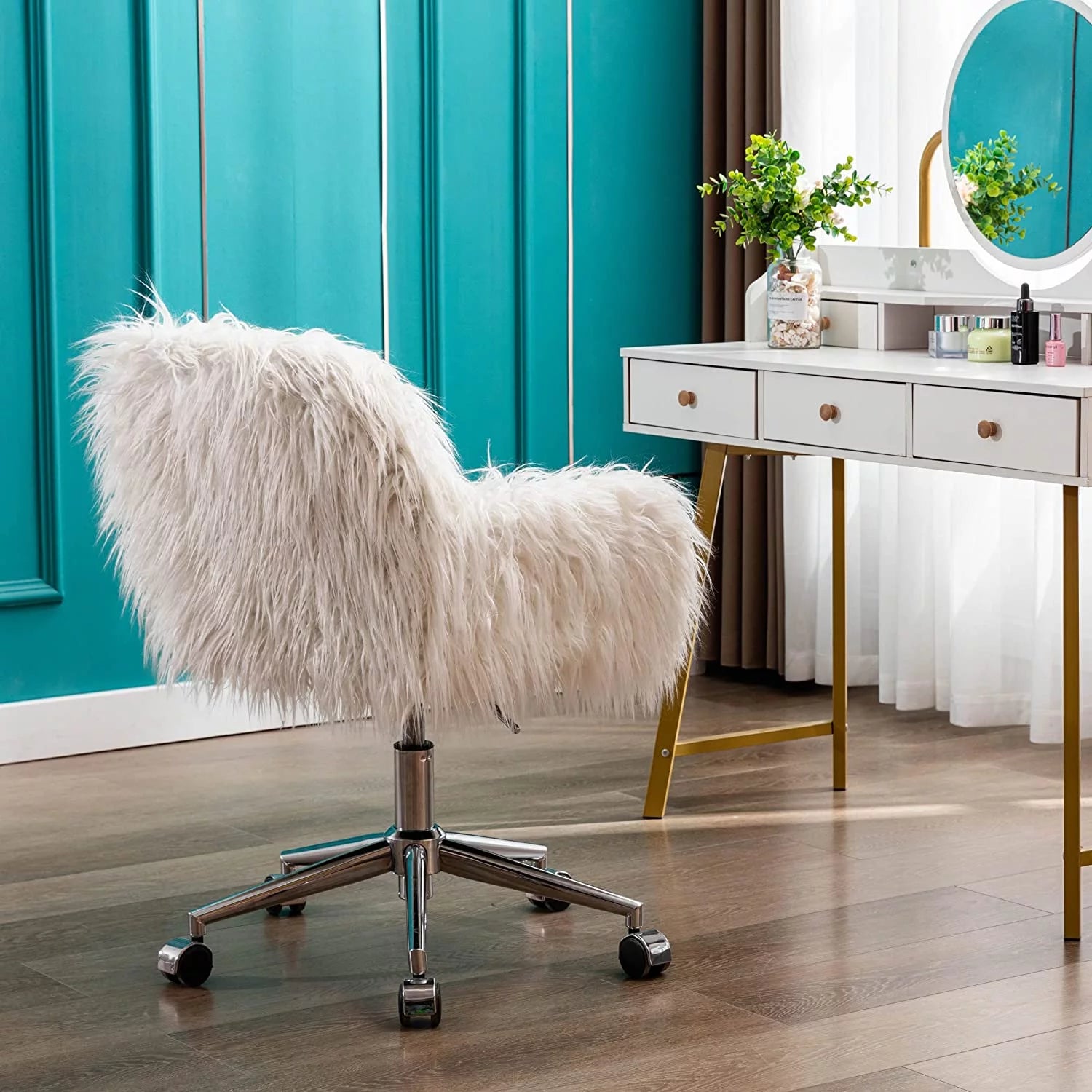 White Vanity Chair Faux Fur Swivel with Back J201