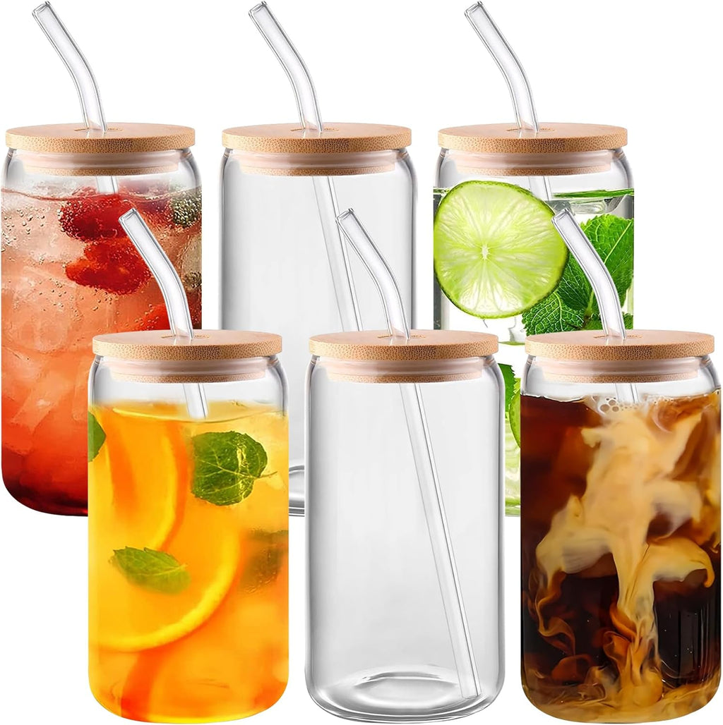 6 Pack Glass Cups With Bamboo Lids and Straws 16 oz - Glass Tumbler with Straw and Lid & Cleaning Brush,Smoothie Cup Iced Coffee Cups With Bamboo Lids,Ideal for Beer, Cocktail, Whiskey