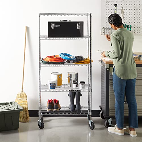5-Shelf Adjustable Heavy Duty Storage Shelving Unit on Wheel Casters, Metal Wire Rack, Black A697