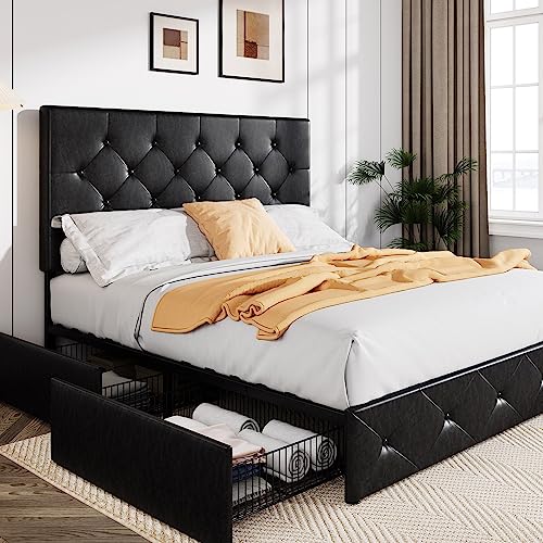 Upholstered Queen Platform Bed Frame with 4 Storage Drawers and Headboard G724955