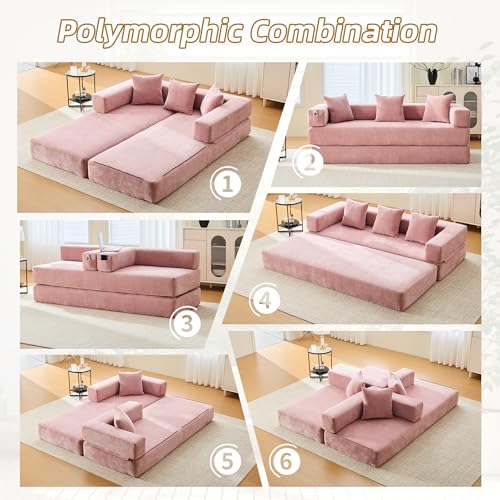 Corduroy Convertible Sleeper Sofa Bed with Pillow, Beige O72530