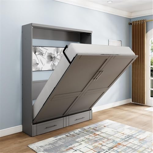 Queen Size Gray Murphy Wall Bed in Solid Wood R226083