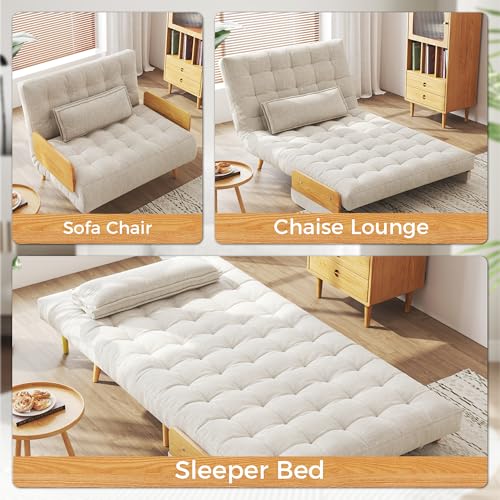 Convertible Chair Bed Sleeper for Adults, Linen with Wooden Arms & Pillows, Foldable Single Futon Sofa Bed Q683821