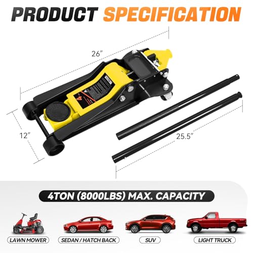 4 Ton Low Profile Floor Jack, Heavy Duty Steel Hydraulic with Dual Pistons Quick Lift Pump P3195