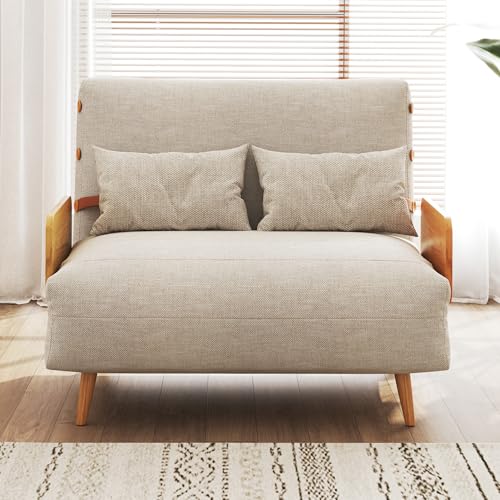Convertible Chair Bed Sleeper for Adults, Linen with Wooden Arms & Pillows, Foldable Single Futon Sofa Bed Q683821