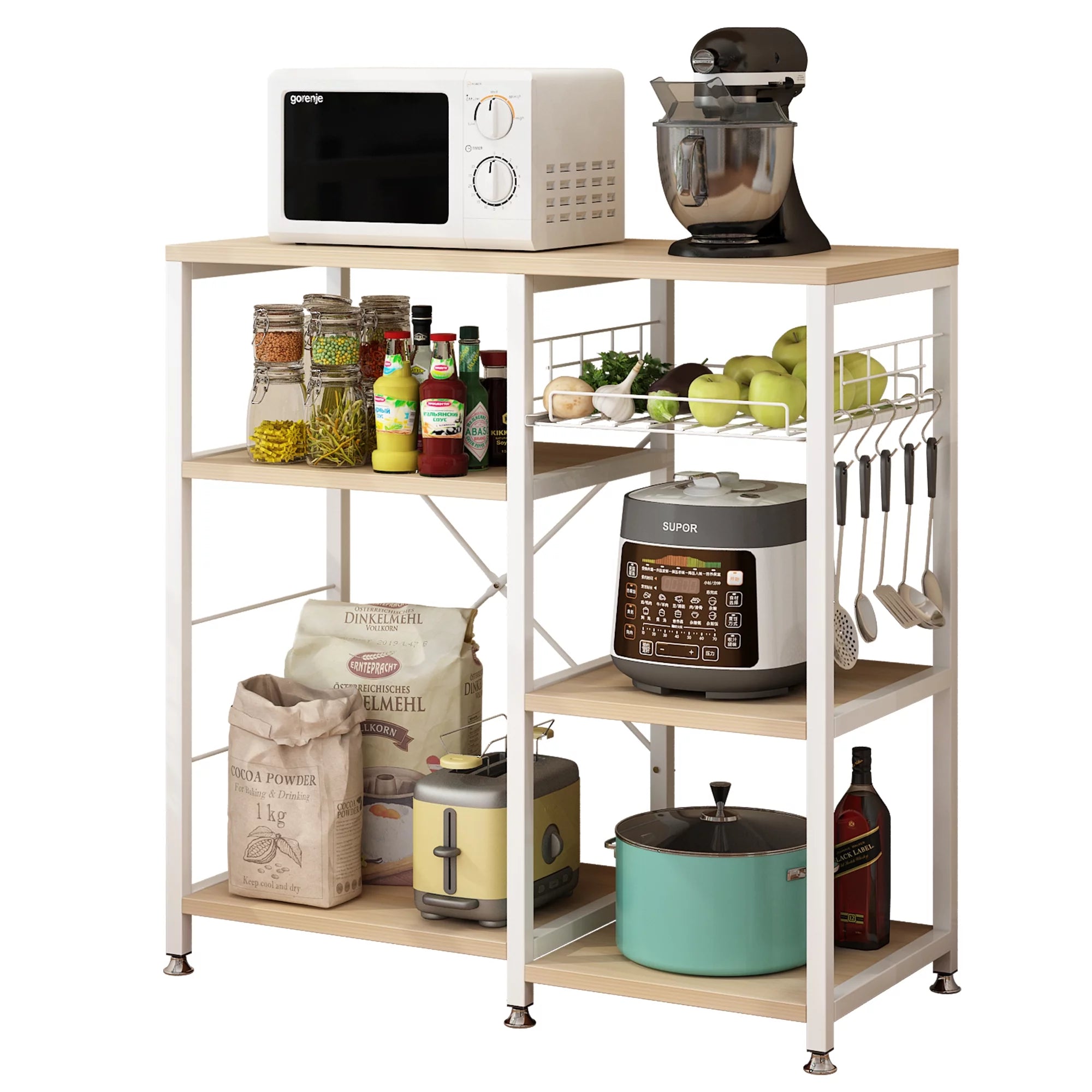 Kitchen Microwave Oven Stand with Basket, Industrial Shelving Unit, White Oak Finish O9228