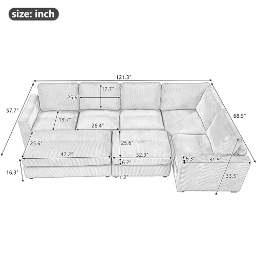 Corduroy Sectional Sofa Bed with Two Ottomans, Gray J44720