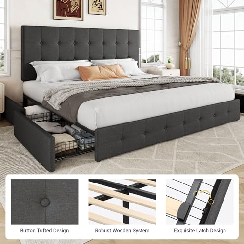 Upholstered Queen Platform Bed Frame with 4 Storage Drawers and Headboard G724955