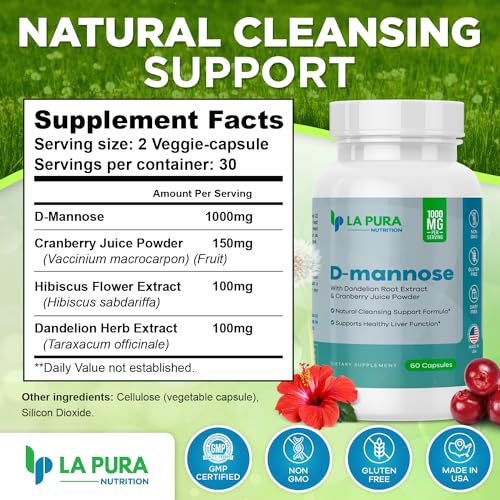 D-Mannose 1000 mg Supplement with Cranberry, Hibiscus & Dandelion, 60 Capsules I74291