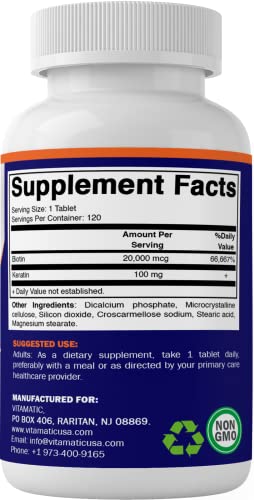 Biotin 20000 mcg with Keratin 100mg, 120 Vegetarian Tablets A7716