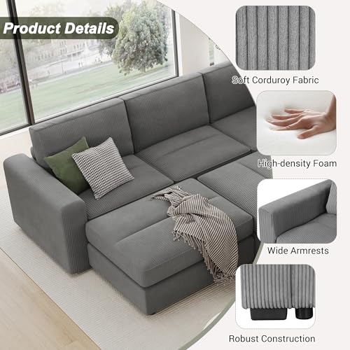 Corduroy Sectional Sofa Bed with Two Ottomans, Gray J44720