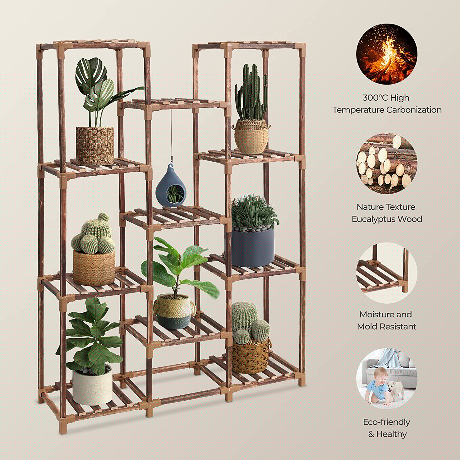 Wood Plant Stand for Indoor Outdoor, 11-Tier Tall Plant Shelf K3121