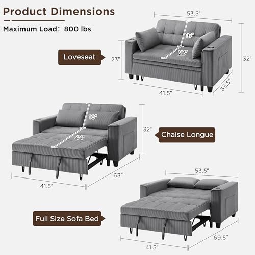 3 in 1 Convertible Sleeper Sofa Bed, Corduroy Pull Out Futon Couch with Charging Station & Cup Holder, Folding Loveseat Sofa Bed with Side Pocket, Light Grey W412