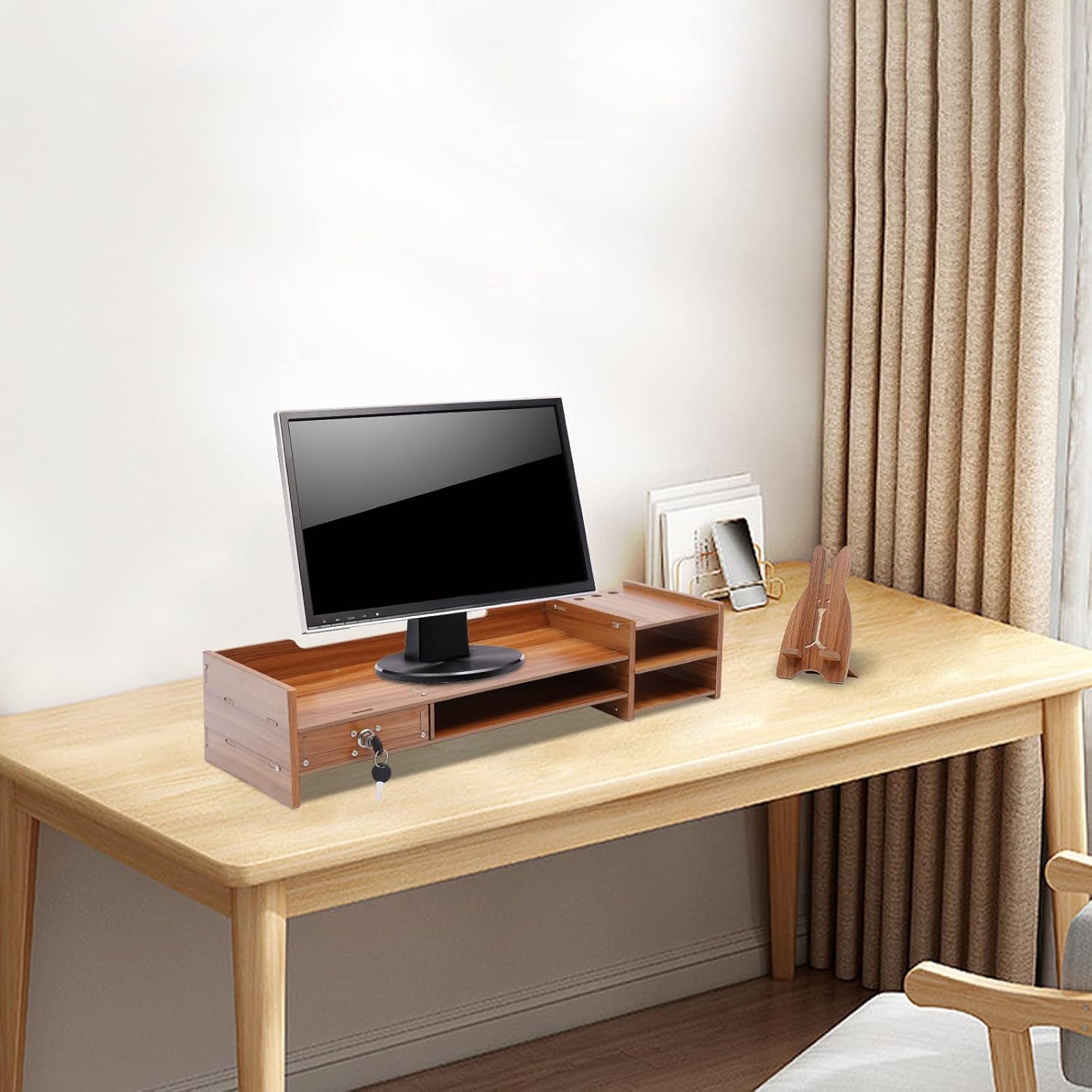 Wood Monitor Stand with Storage Drawers for Laptop and Desk K64827