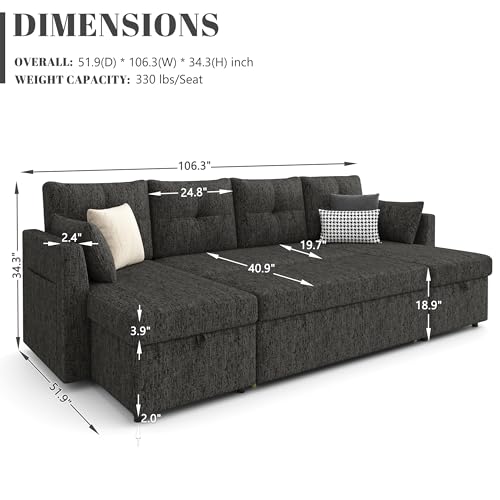 Oversized Sleeper Sofa Couch with Double Storage Chaise, Dark Grey B422253