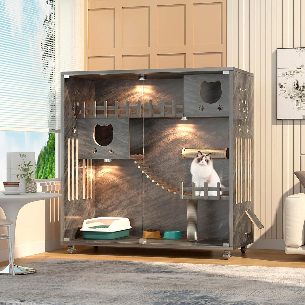 Large Cat Cage Indoor Catio with Scratching Post and Glass Doors C43328