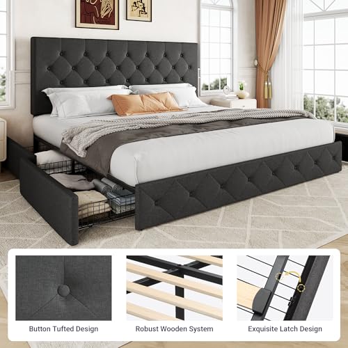 Upholstered Queen Platform Bed Frame with 4 Storage Drawers and Headboard G724955