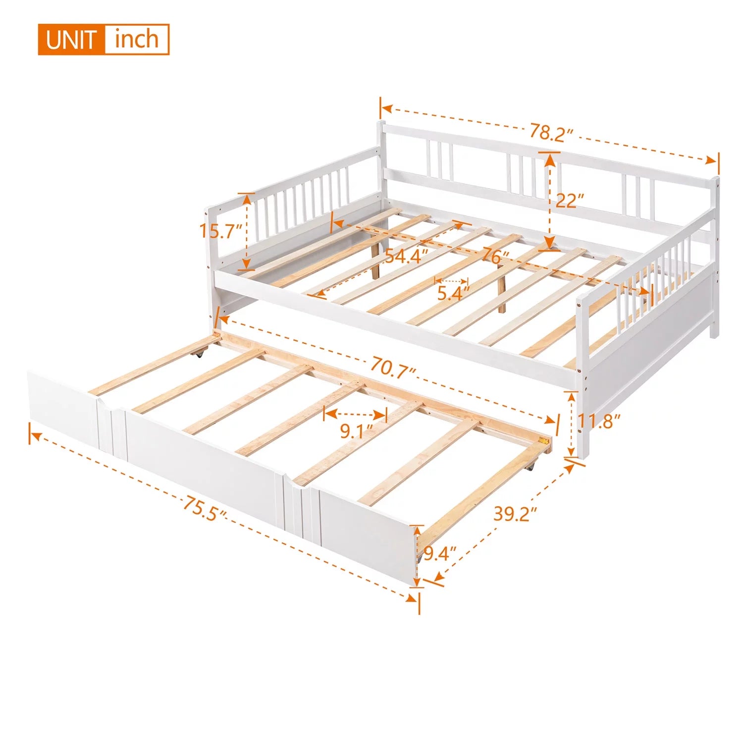 Daybed with Twin Trundle Bed Wood Sofa Bed with Slats Support W338775