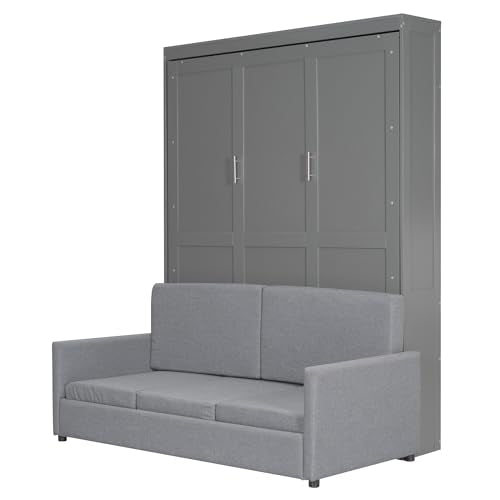 Murphy Bed Queen Size with Cushion, Foldable Sofa Bed Frame with Slat Support, White C2974