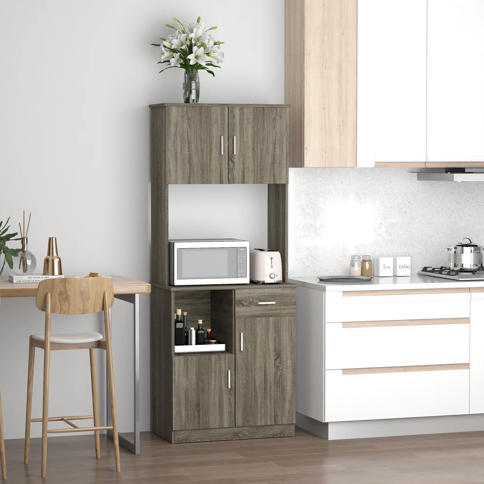 Kitchen Pantry Storage Cabinet with Microwave Stand and Adjustable Shelves K408197