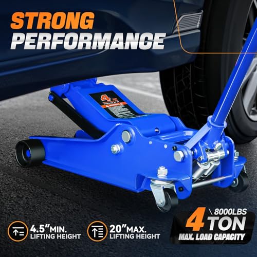 4 Ton Low Profile Floor Jack, Heavy Duty Steel Hydraulic with Dual Pistons Quick Lift Pump P3195