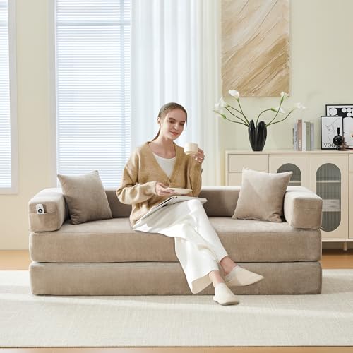 Corduroy Convertible Sleeper Sofa Bed with Pillow, Beige O72530