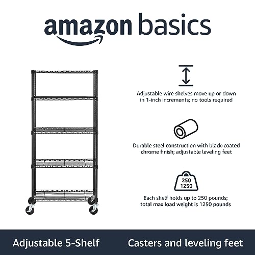 5-Shelf Adjustable Heavy Duty Storage Shelving Unit on Wheel Casters, Metal Wire Rack, Black A697