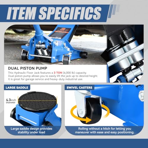 4 Ton Low Profile Floor Jack, Heavy Duty Steel Hydraulic with Dual Pistons Quick Lift Pump P3195