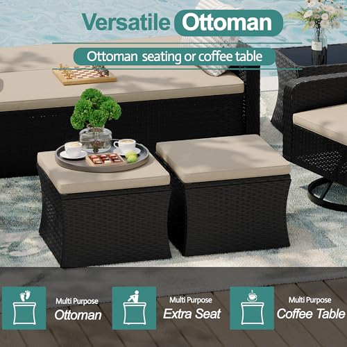 Wicker Patio Furniture Set with Swivel Recline Chairs and Storage Ottoman B707