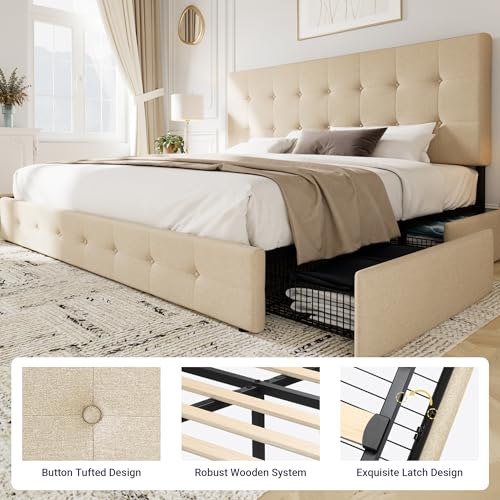Upholstered Queen Platform Bed Frame with 4 Storage Drawers and Headboard G724955