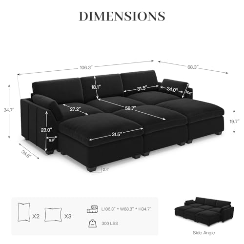Extra Large Modular Sectional Sofa, 4-Seater L Shaped Couch, Velvet Convertible for Living Room L139