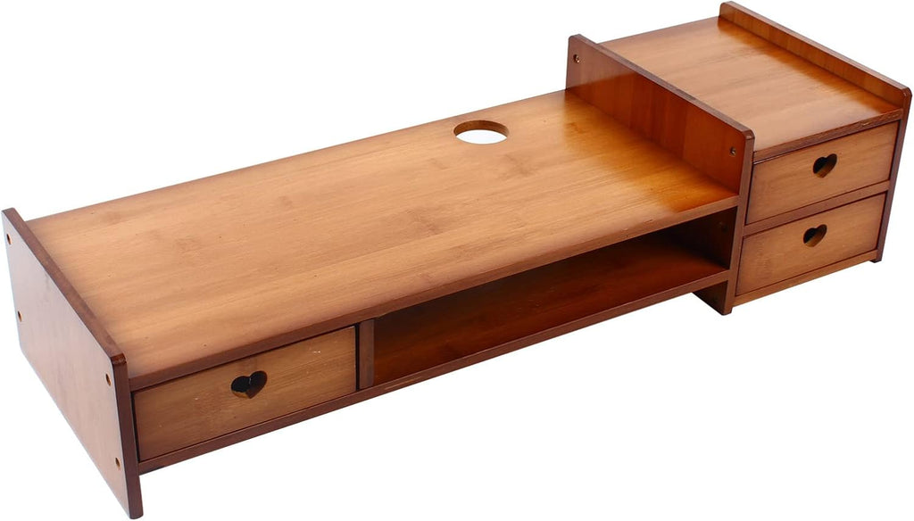 Monitor Stand Riser with 3 Storage Organizer Drawers Bamboo Printer Shelf Stand Desktop Ergonomic Computer Monitor Stand Multifunctional Desktop Organizer-Retro Brown