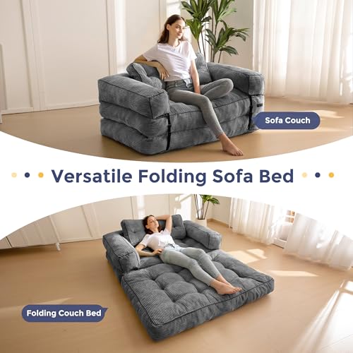 Folding Sofa Bed, L-Shaped Convertible Sleeper Couch with Armrest and Pillow, Dark Grey M375676