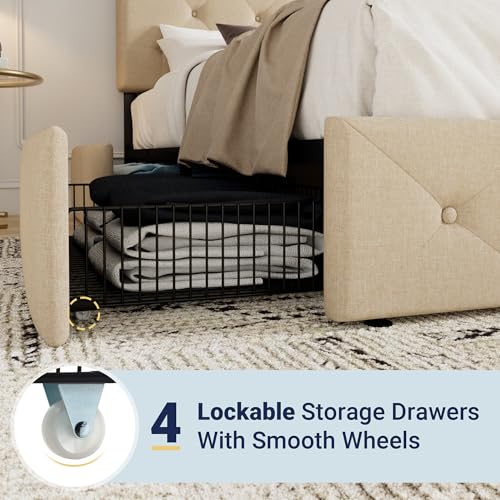 Upholstered Queen Platform Bed Frame with 4 Storage Drawers and Headboard G724955
